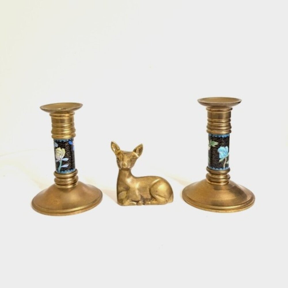 Pier 1 Blue Floral Cloisonné and Brass Candle Holders, Set of 2+Bonus‎